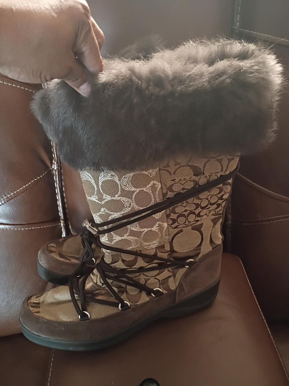 Coach Brown Khaki Signature Logo Fur-Trim Lace-Up Boots